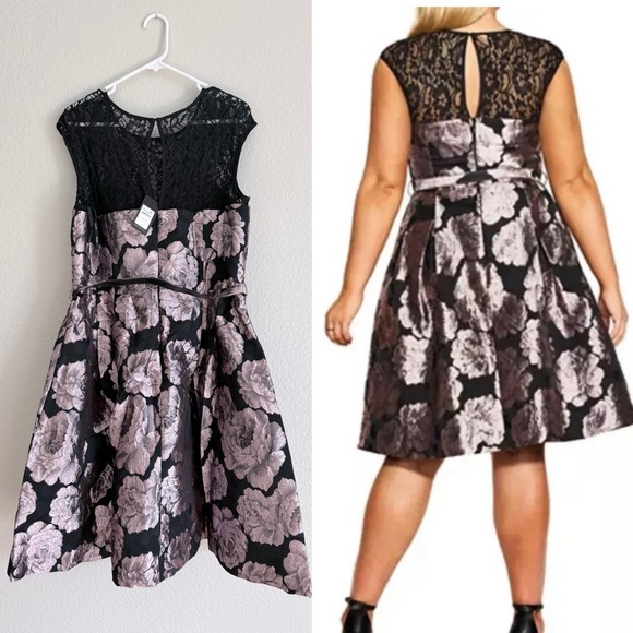 City Chic Arlette Dress Black Pink Floral Lace Midi Dress - Picture 3 of 7